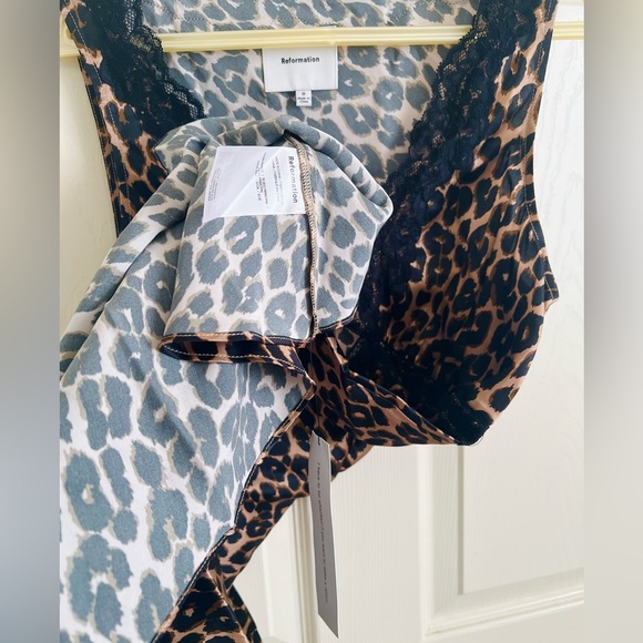 NWT- Reformation Belva Silk Dress in Leo Brown Leopard Black Lace Mini Dress - Picture 10 of 11